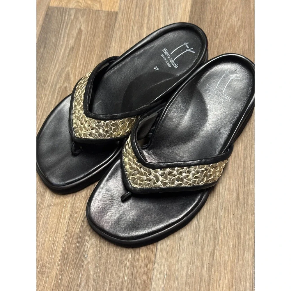 Thierry Rabotin Womens Black Woven Gold Leather Wedge Thong Sandals Italy 37 - Picture 2 of 9